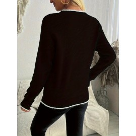 Women'S Snowflake Print Sweater - Winter Season, Holiday Style, Long Sleeves, Contrast Trim, Trendy Holiday Fashion, Ideal For Christmas Parties, Winter Outings, And Festive Events