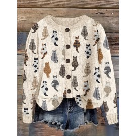 Women's Casual Cat Print Cardigan - Long Sleeve Round Neck Open Front Sweater with Button Closure, Machine Washable Spring/Fall Layering Piece for Casual Attire, Cat Sweater, Durable Knitwear
