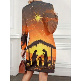 Women's Plus Size Full-Length/Long-Length Christmas Nativity Dress - Elegant Slim-Fit Church Costume with Mary & Silhouette, Palm Tree & Starry Night A-Line for Nativity Plays, Church Events & Holiday Parties (Machine Washable