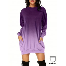 Women'S Plus Size Casual Long Sleeve Pullover Dress - Solid Purple Midi Length A-Line Silhouette with Crew Neck, Slight Stretch Fabric, Cozy Fall/Winter Dress with Pocket Detail & Smooth Texture for Everyday & Semi-Formal Wear - Easy-Care Versatile