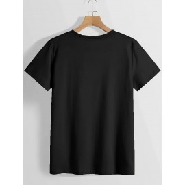 Fashion Letter Anime Print Women's Round Neck Pure T-Shirt, Simple Design Comfortable Breathability for Casual Wear Versatile Natural Style Summer Party Essential Local Shipping, Japanese Style Clothes Women