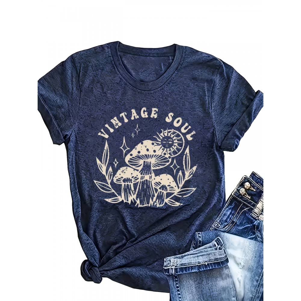 Women's Vintage 70s Retro Boho T-Shirt - Oversized Short Sleeve Round Neck Top with Mushroom & 'VINTAGE SOUL' Print, Navy Blue & Beige Casual Loose Fit Blouse for Spring Summer Outfits (Machine Washable)