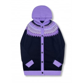 Plus Size, 2D FLAT PATTERN Soft Jacquard Glacier Snow Mountain Hooded Cardigan, Elegant, Fashionable, Comfortable, Casual And Retro Hooded Coat