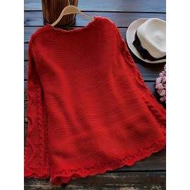 Plus Size, Plus Size Women's Casual Open Front Sweater, Long Sleeve with Pocket and Buttoned Scallop Hem
