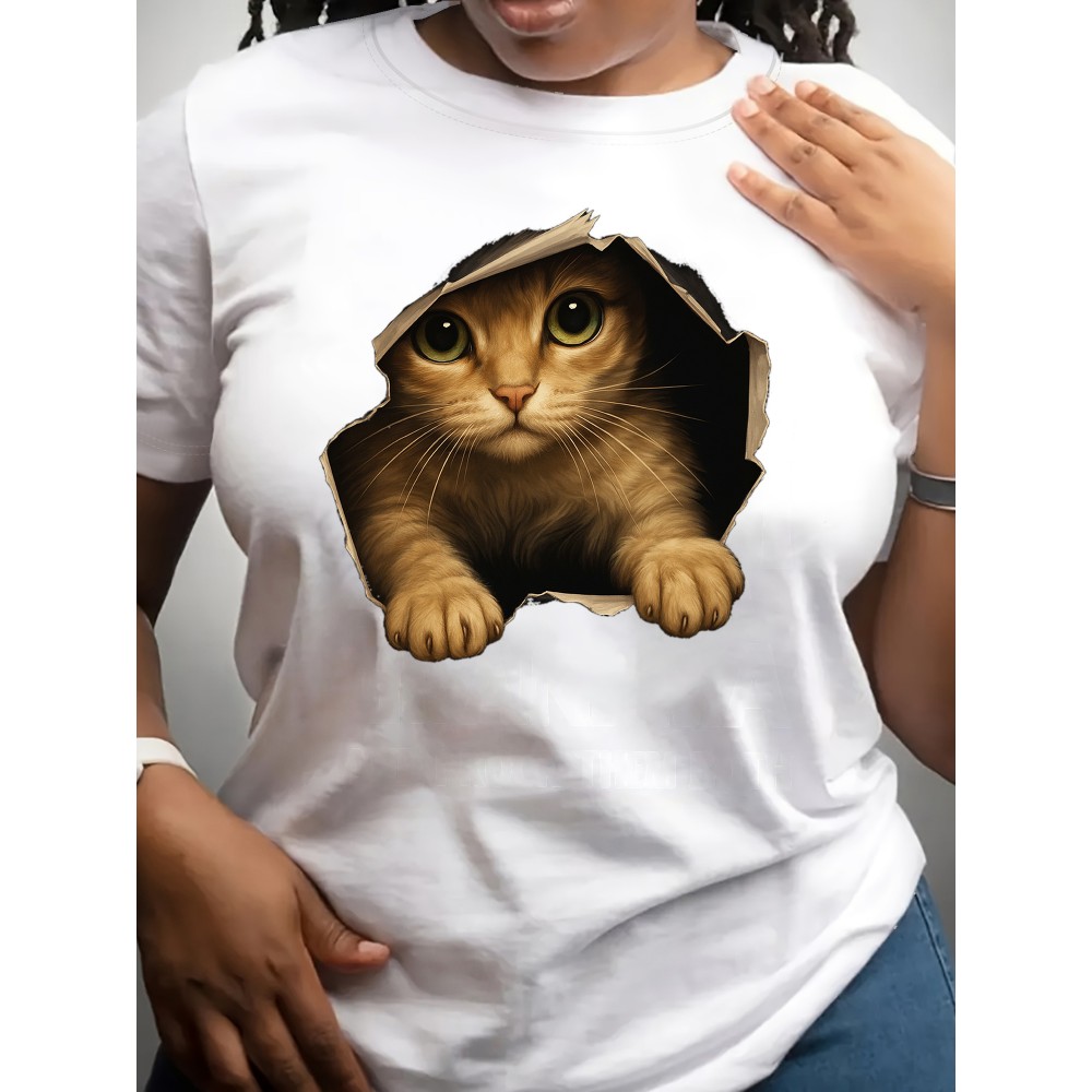 [Cute Orange Kitten T-Shirt] Lightweight Comfortable Fit Women's Cute Orange Kitten Peeking from Torn Hole Graphic T-Shirt - Red Casual Everyday Tee for Pet Lovers - Medium Elasticity Fabric Spring Summer Apparel