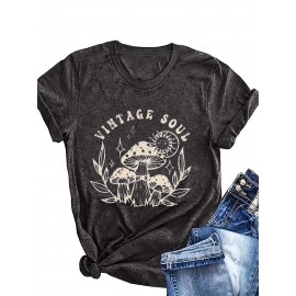 Women's Vintage 70s Retro Boho T-Shirt - Oversized Short Sleeve Round Neck Top with Mushroom & 'VINTAGE SOUL' Print, Navy Blue & Beige Casual Loose Fit Blouse for Spring Summer Outfits (Machine Washable)